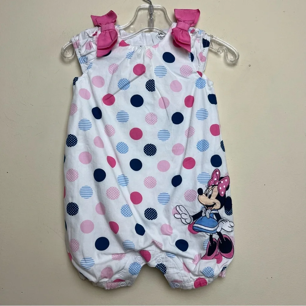 Disney‎ Baby Minnie Mouse  Polka Dot Romper Size 9-12M Pink Bows White Blue